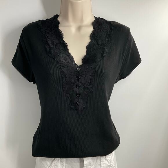 AUGUST SILK VIntage 90s Y2K  Black V-neck Lace Top Fairy Festival  whimsigoth XL - Picture 4 of 10